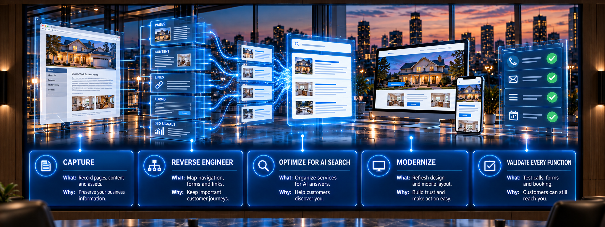 Five stages of a website upgrade: capture existing content to preserve business information; map navigation, forms and links to retain customer journeys; organize services for AI search; refresh design and mobile layout; test calls, forms and booking so customers can still reach you.